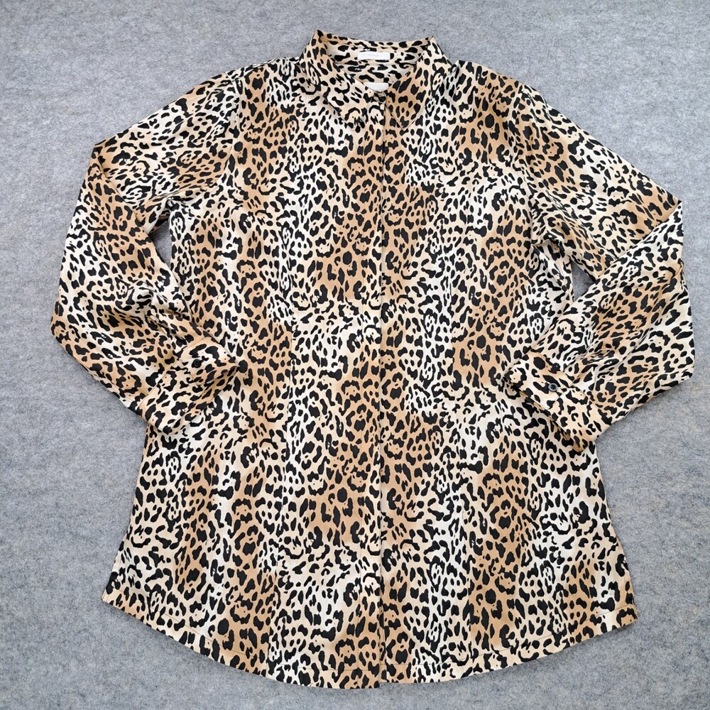 Chicos Shirt Womens 2 Large Brown Leopard Button Tunic Long Sleeve Top No Iron
